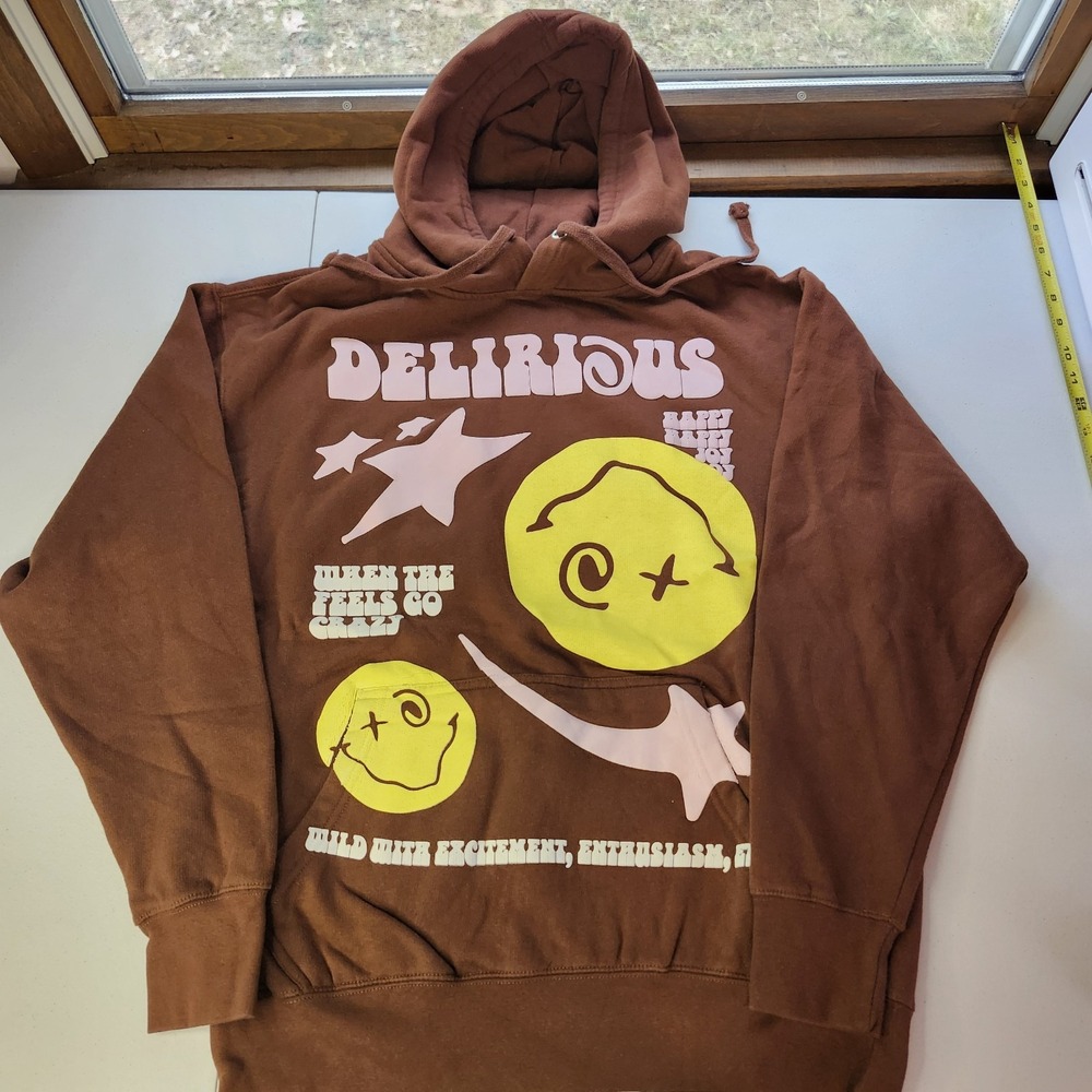 Medium PacSun Delirious Graphic Hoodie Brown Happy Trippy Smiley Face Pullover